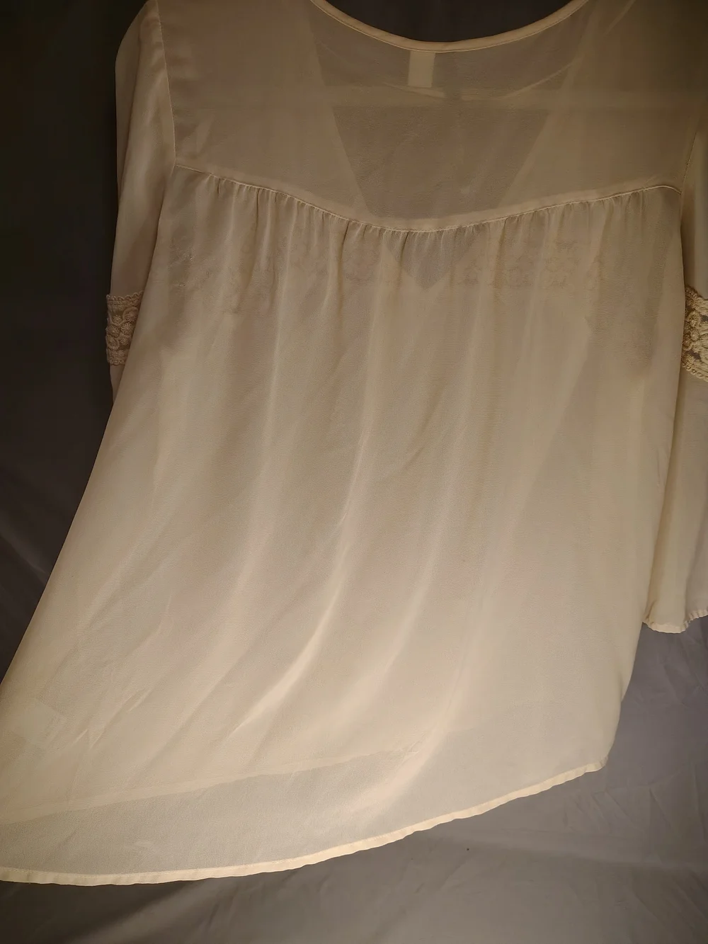 LC Lauren Conrad Cream Lace Trim Boho Peasant Blouse Fairy Sheer Lace Size  L